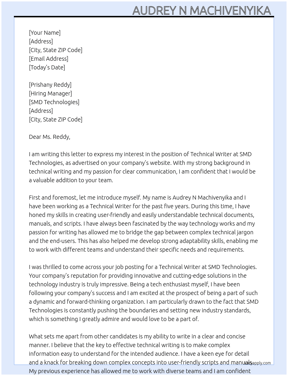 Technical Writer  At SMD TECHNOLOGIES  Cover Letter