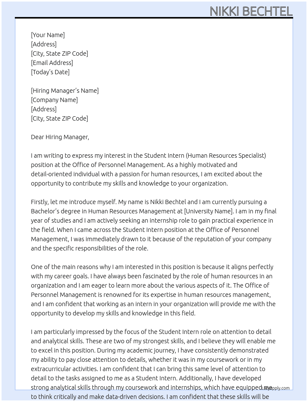 Student Intern (Human Resources Specialist) At Office of Personnel Management Cover Letter