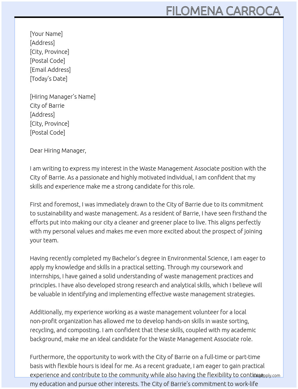 Cover letter for waste management associate - LazyApply