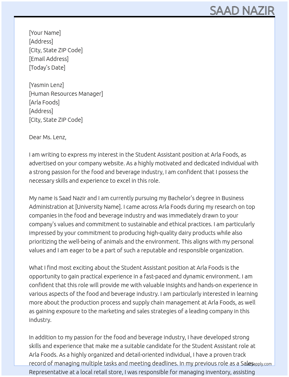 Student Assistant At Arla Foods Cover Letter