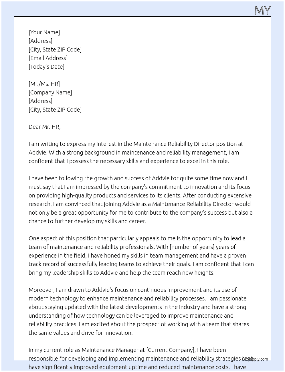 Maintenance Reliabiliy director At addvie Cover Letter