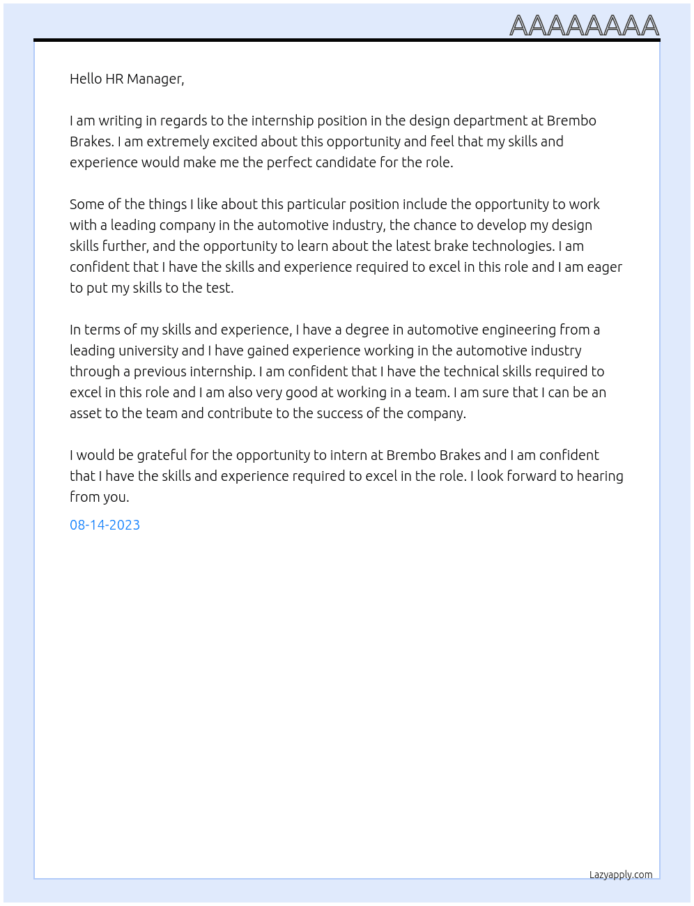 internship area design dept At brembo braker Cover Letter