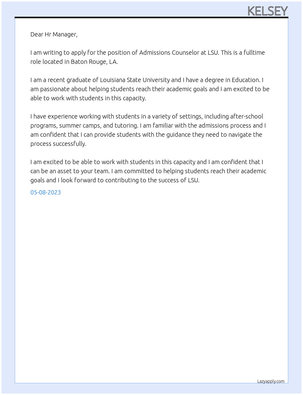 Admissions Counselor At LSU Cover Letter