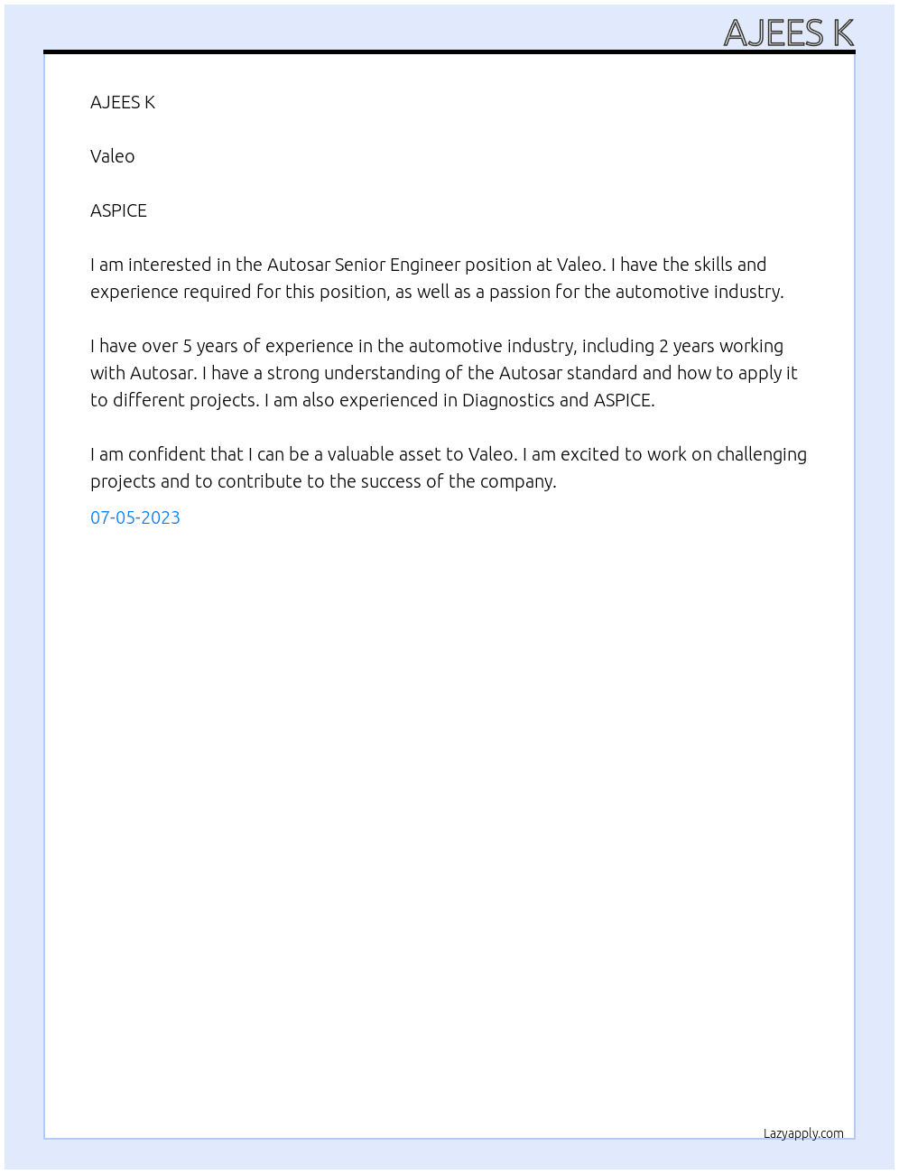 Autosar Senior Engineer At Valeo Cover Letter