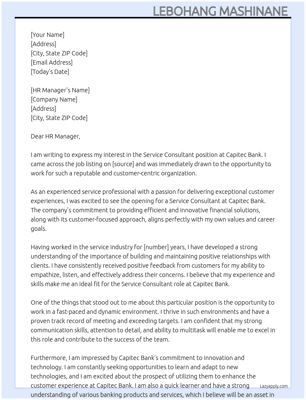 Service consultant At Capitec Bank  Cover Letter