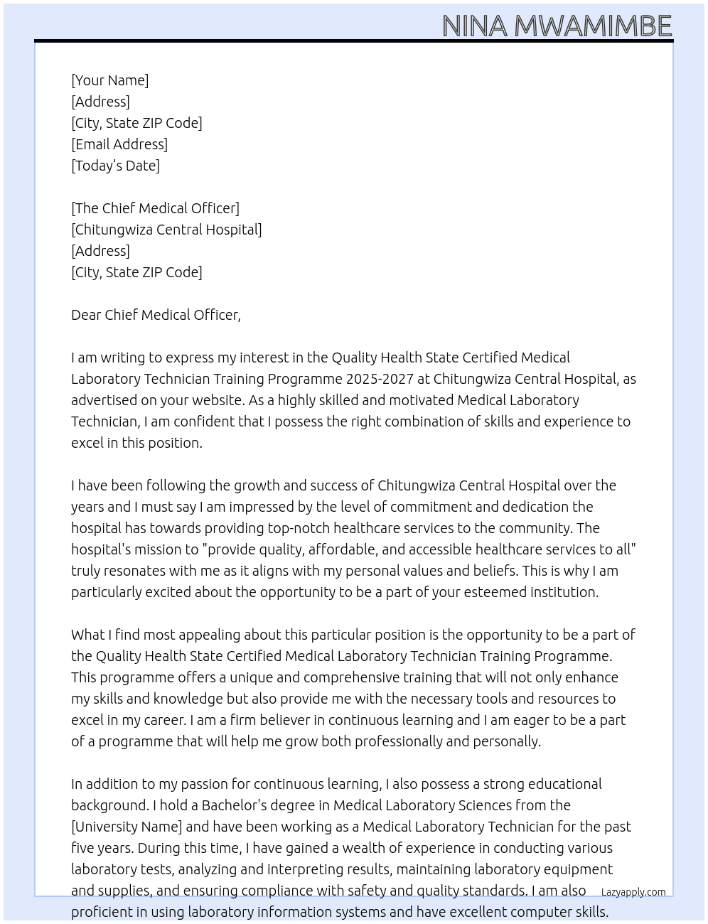 Quality Health State Certified Medical Laboratory Technician Training Programme 2025-2027 At Chitungwiza Central Hospital Cover Letter