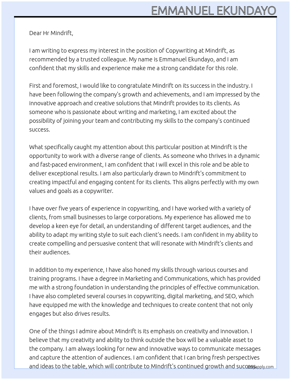 Copywriting At Mindrift Cover Letter