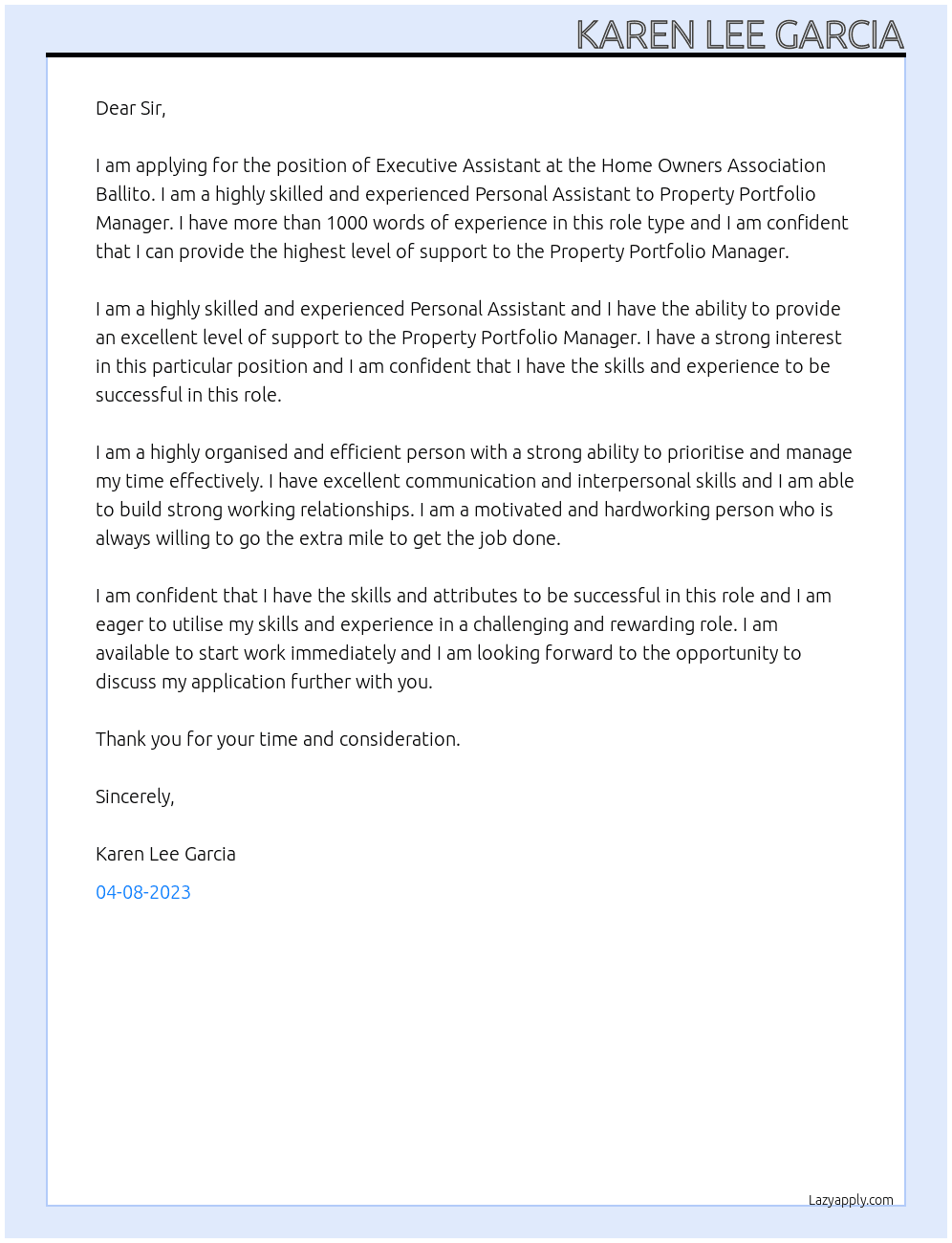 Executive Assistanct At Home Owners Association Ballito Cover Letter