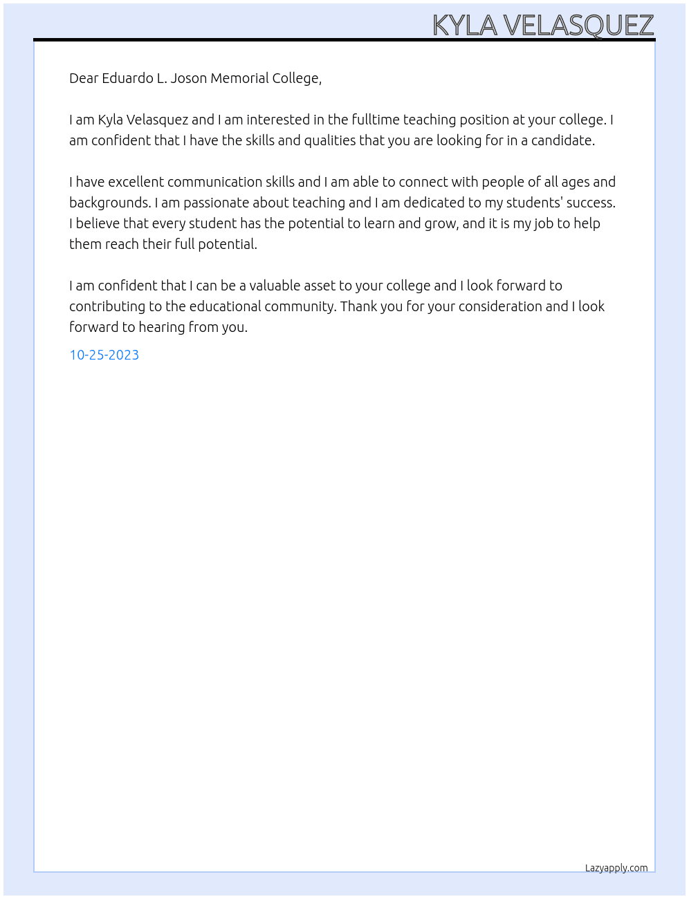 Application for teaching At Eduardo L. Joson Memorial College  Cover Letter