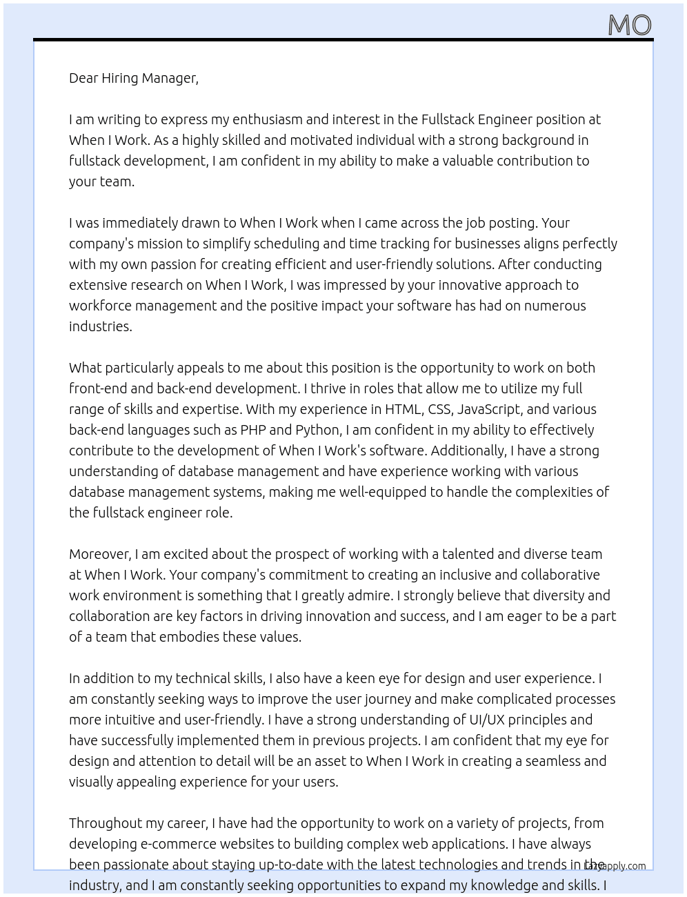 Fullstack Engineer At When I Work Cover Letter