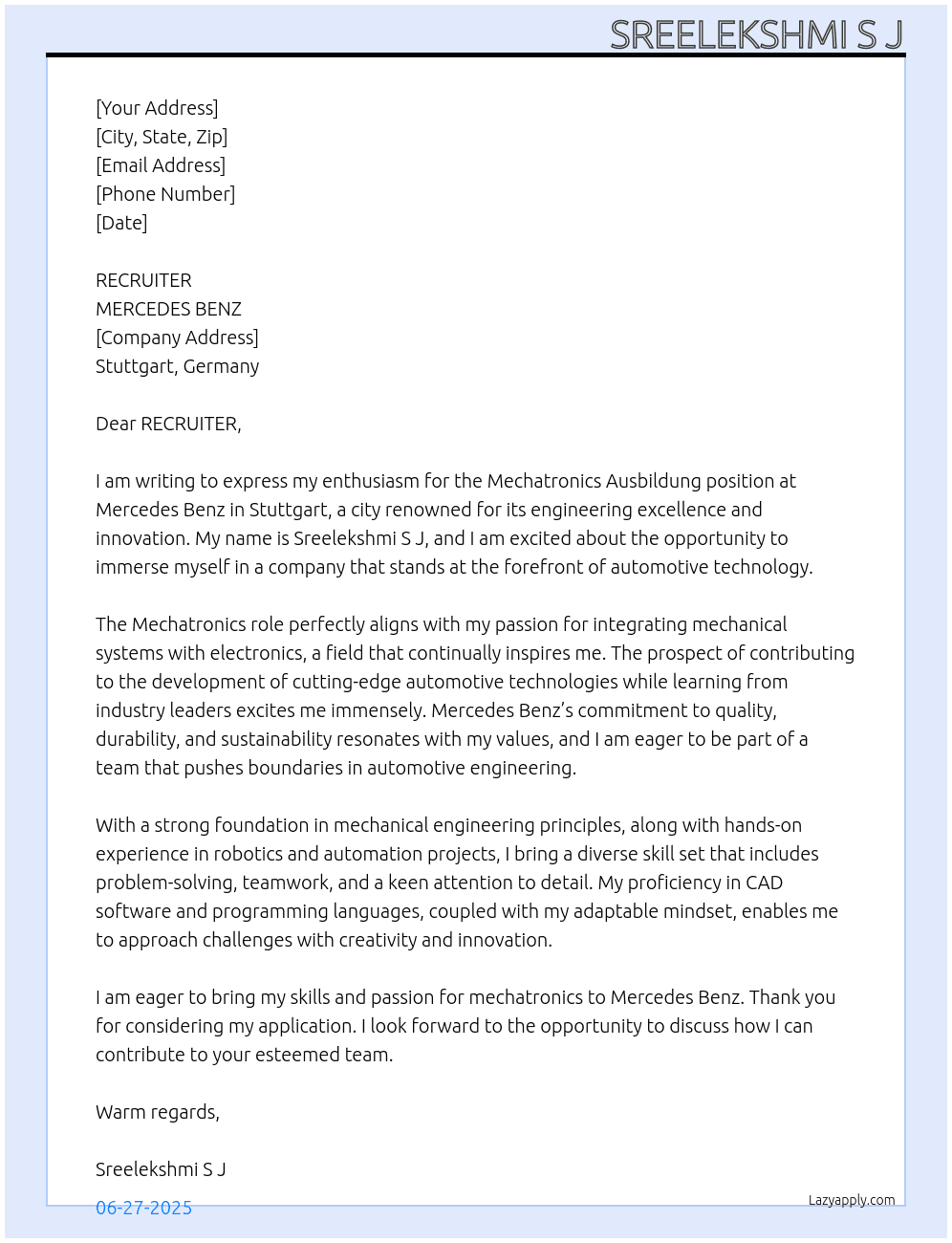 MECHATRONICS AUSBILDING At MERCEDES BENZ Cover Letter