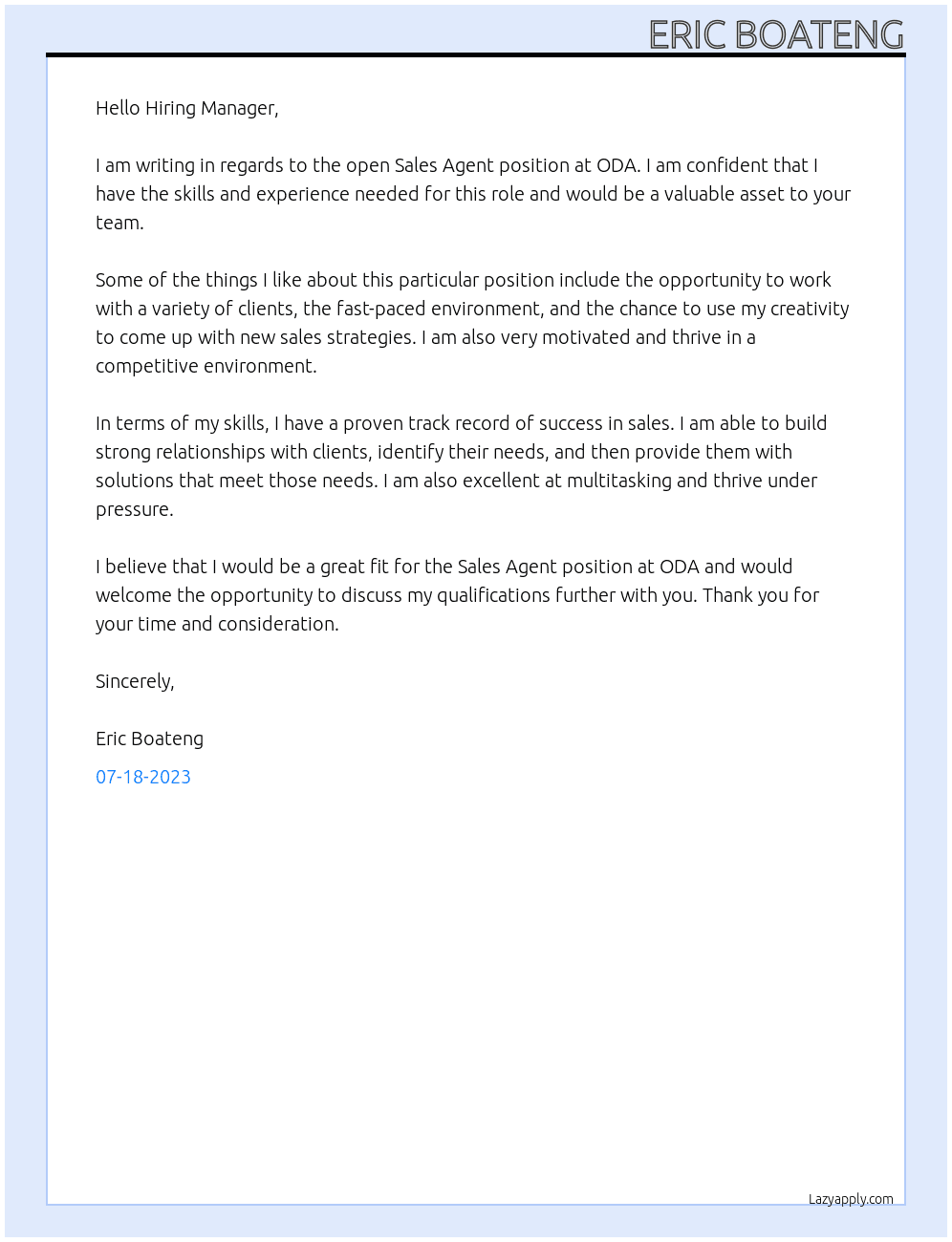 sales agent At ODA Cover Letter