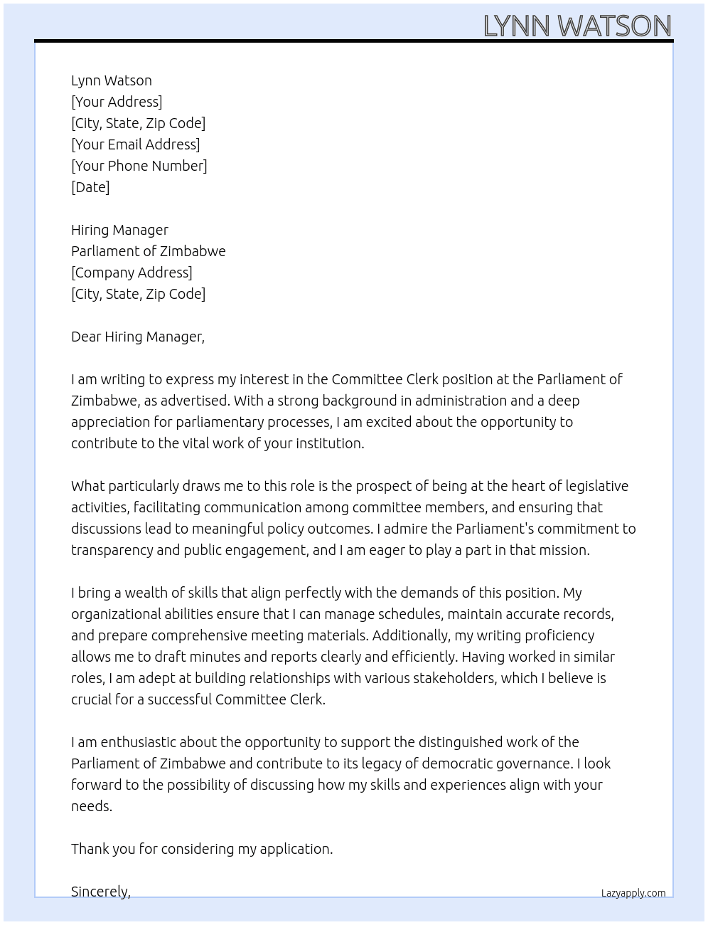Cover letter for committee clerk - LazyApply