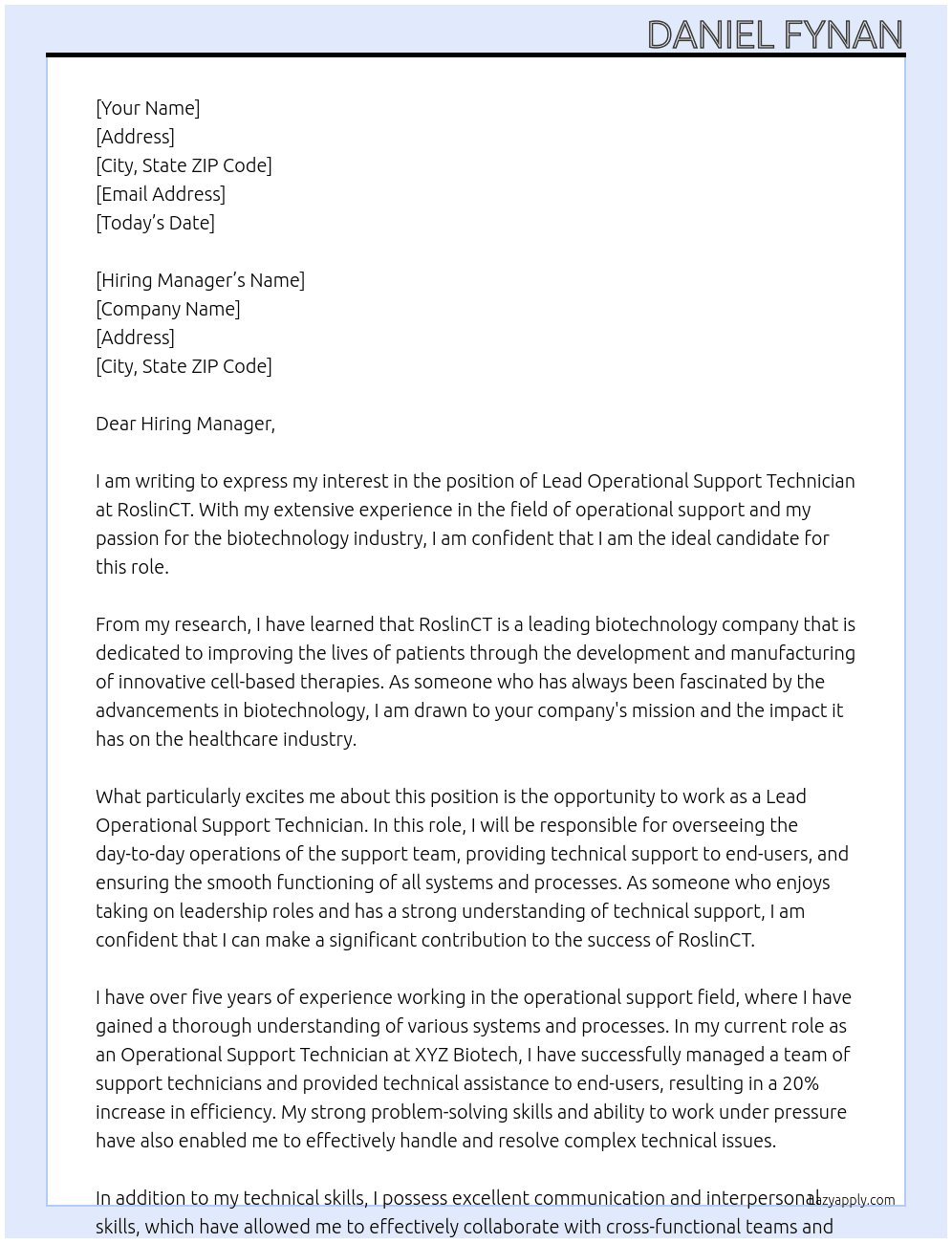 Lead Operational Support Technician At RoslinCT Cover Letter