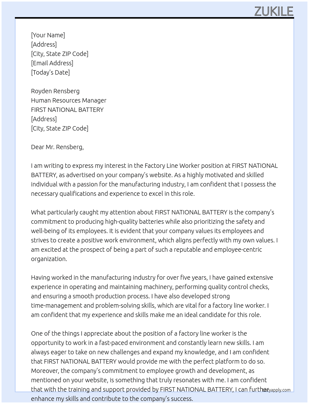 factory line worker At FIRST NATIONAL BATTERY Cover Letter