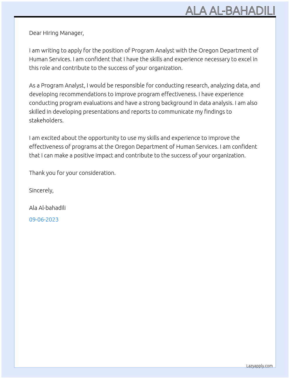 Program Analyst  At Oregon Department of Human Services Cover Letter