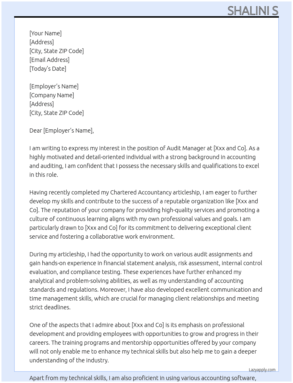 Ca articleship  At Xxx  and co Cover Letter