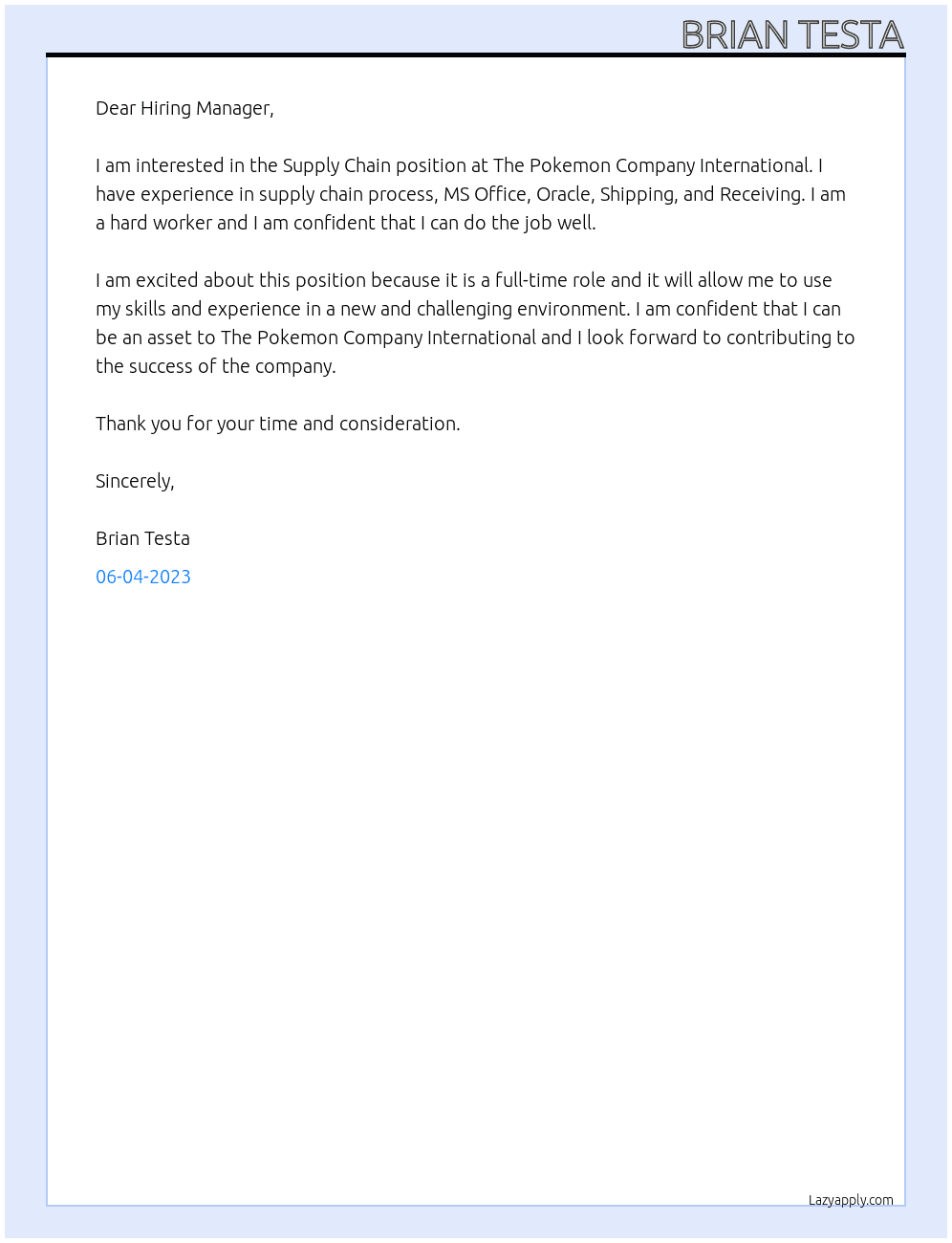 Supply Chain At The Pokemon Company International Cover Letter