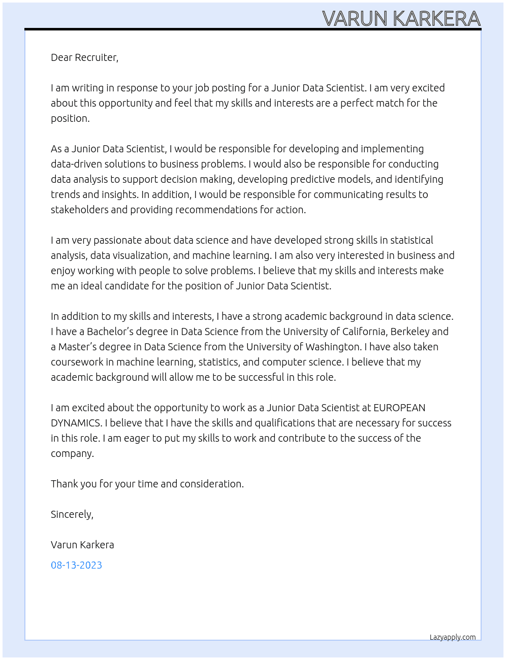 Junior Data Scientist At EUROPEAN DYNAMICS Cover Letter