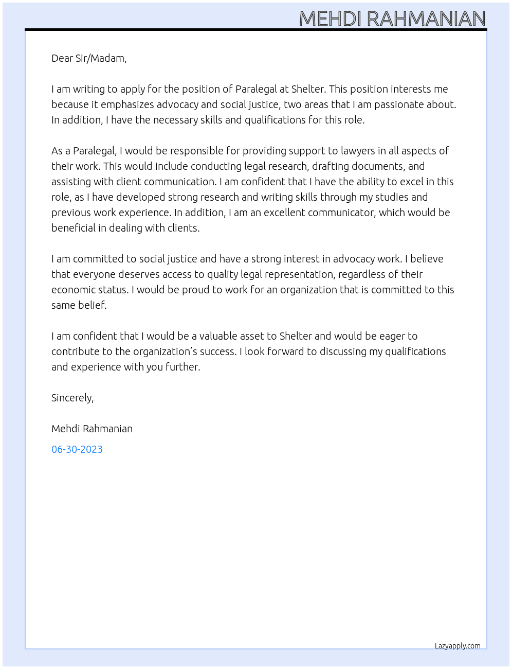 Paralegal At Shelter Cover Letter