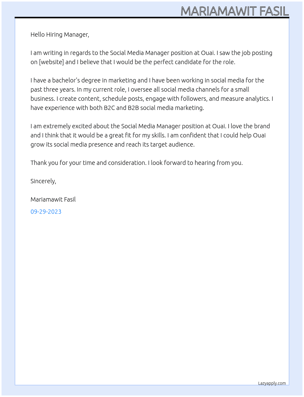 Social Media Manager At Ouai Cover Letter