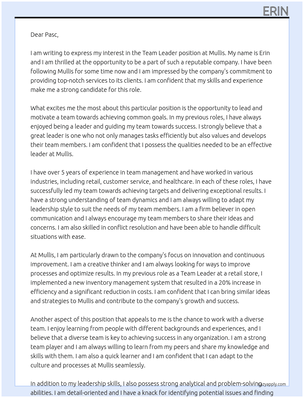 Team Leader  At Mullis Cover Letter