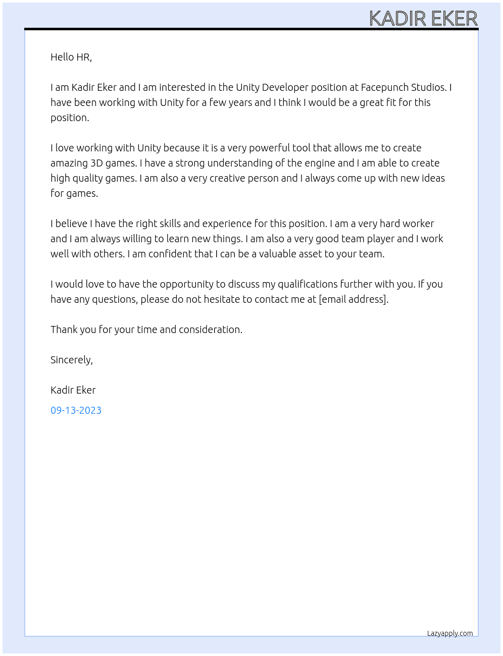 Unity Developer At Facepunch Studios Cover Letter