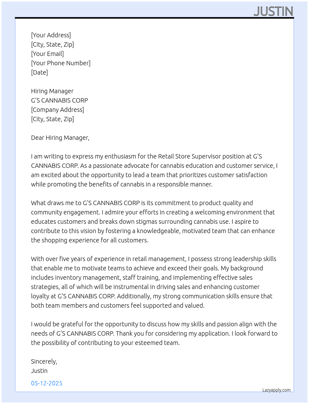 Retail Store Supervisor At G'S CANNABIS CORP Cover Letter