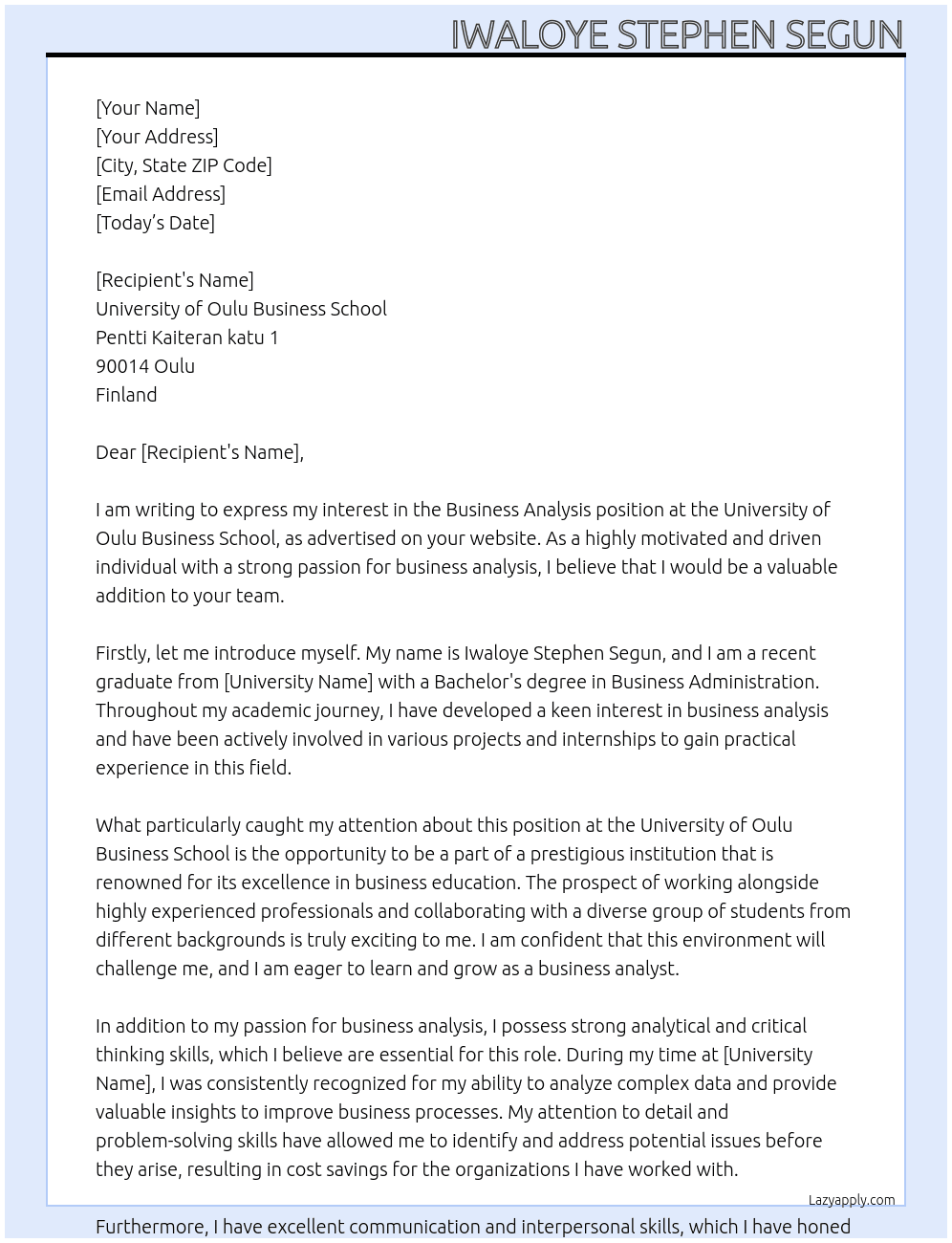 business analysis At masters degree Cover Letter