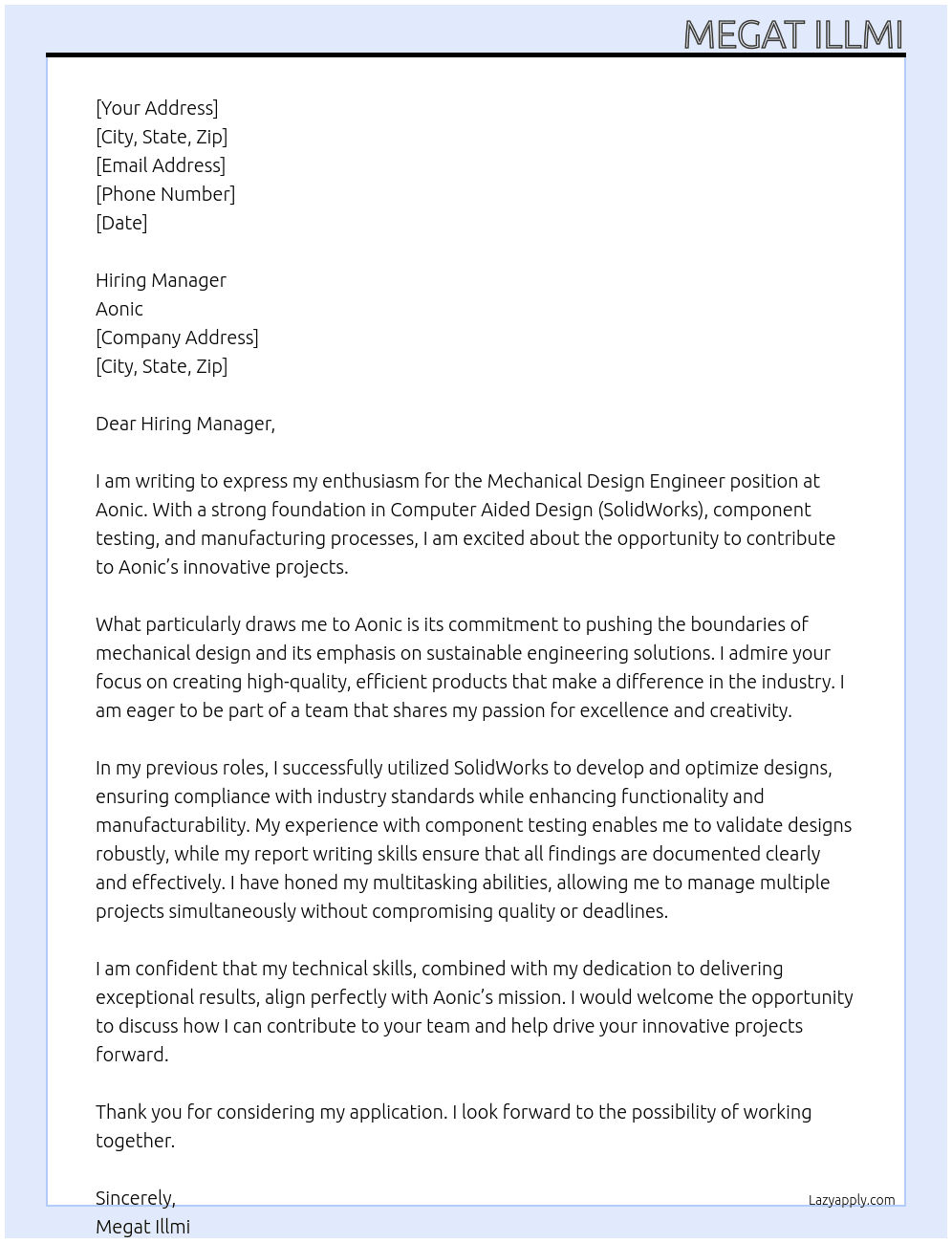 Mechanical Design Engineer At Aonic Cover Letter