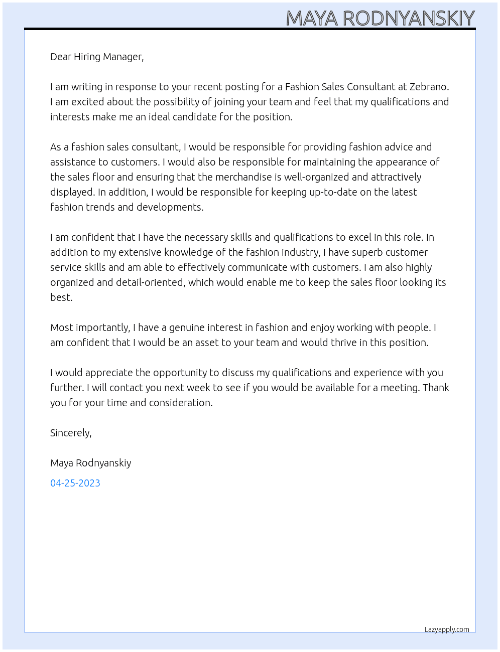 Fashion Sales Consultant At Zebrano Cover Letter