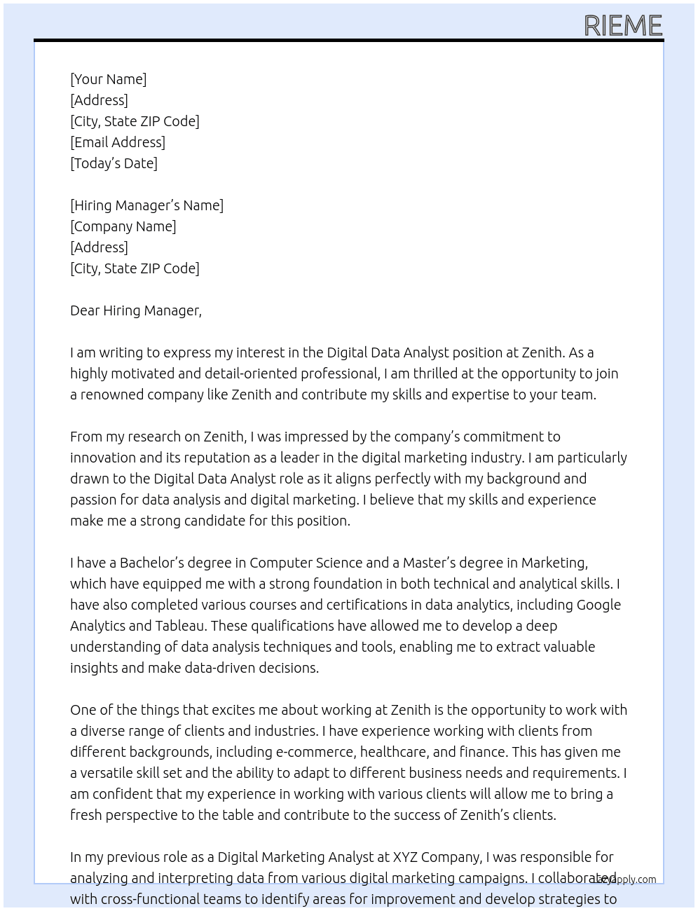 Digital Data Analyst At Zenith Cover Letter