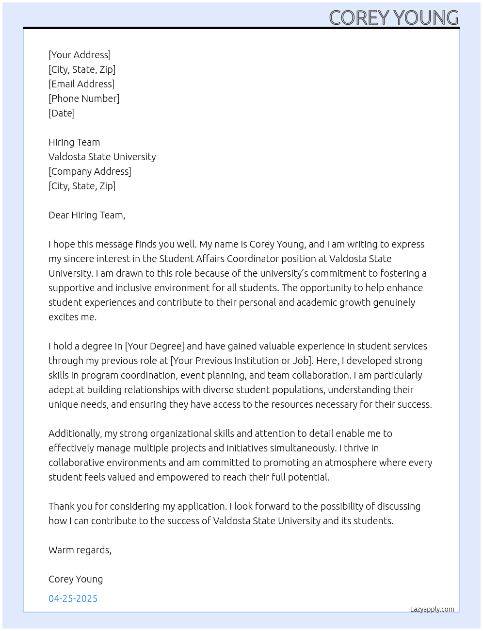Cover letter for student affairs coordinator - LazyApply