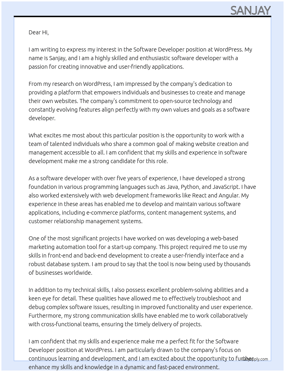 Software Developer At wordpress Cover Letter