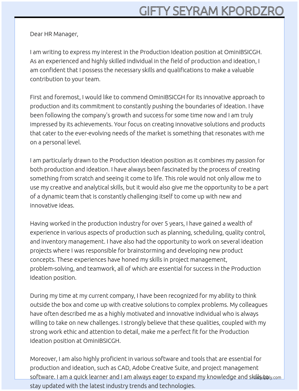 PRODUCTION IDEATION At OminiBSICGH Cover Letter