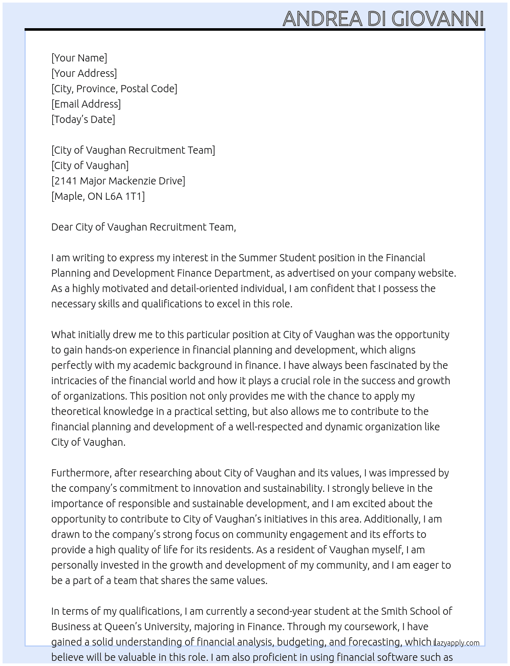 Summer Student, Financial Planning and Development Finance Department At City of Vaughan Cover Letter