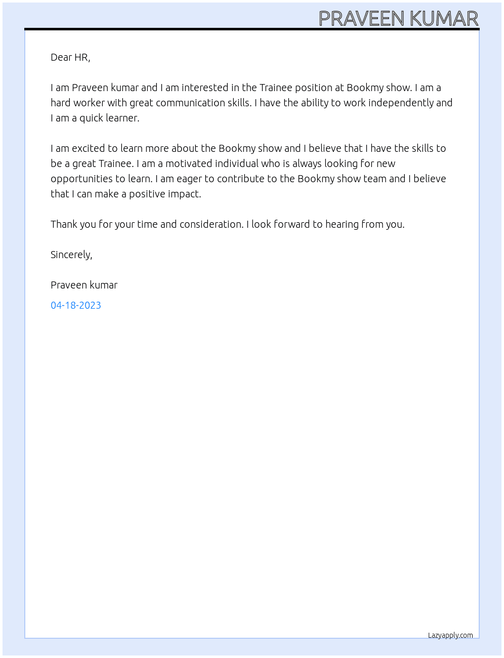 Trainee At Bookmy show Cover Letter