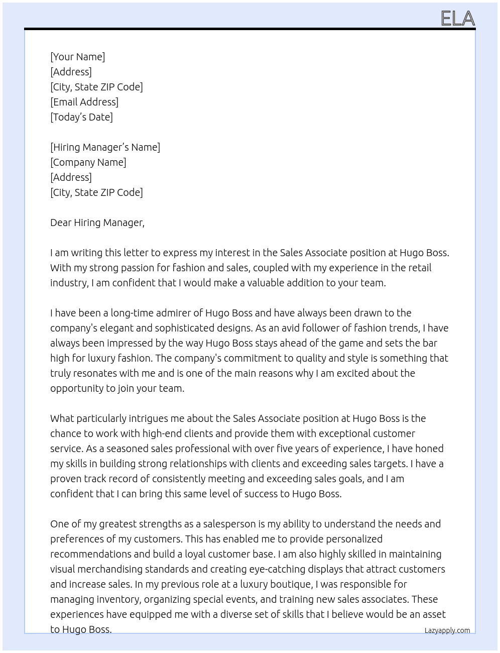 Sales associate  At Hugo Boss Cover Letter
