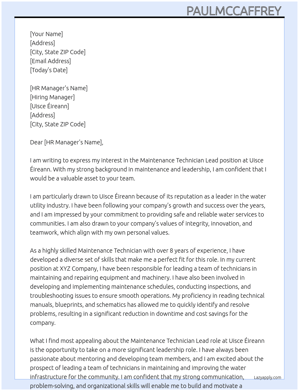 Maintenance Technician lead At Uisce Éireann. Cover Letter