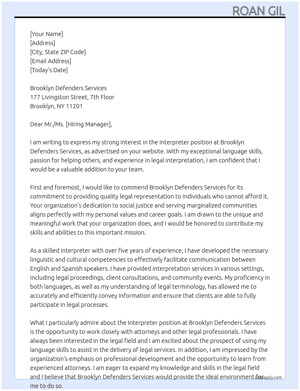 Interpreter At Brooklyn Defenders Services Cover Letter