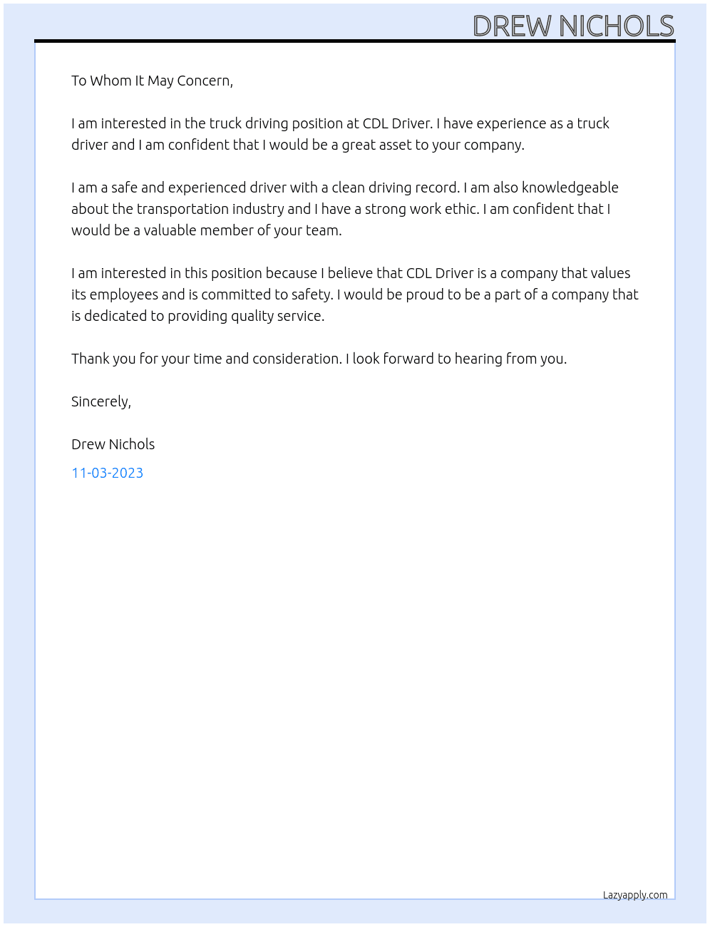 Truck Driving  At CDL Driver Cover Letter