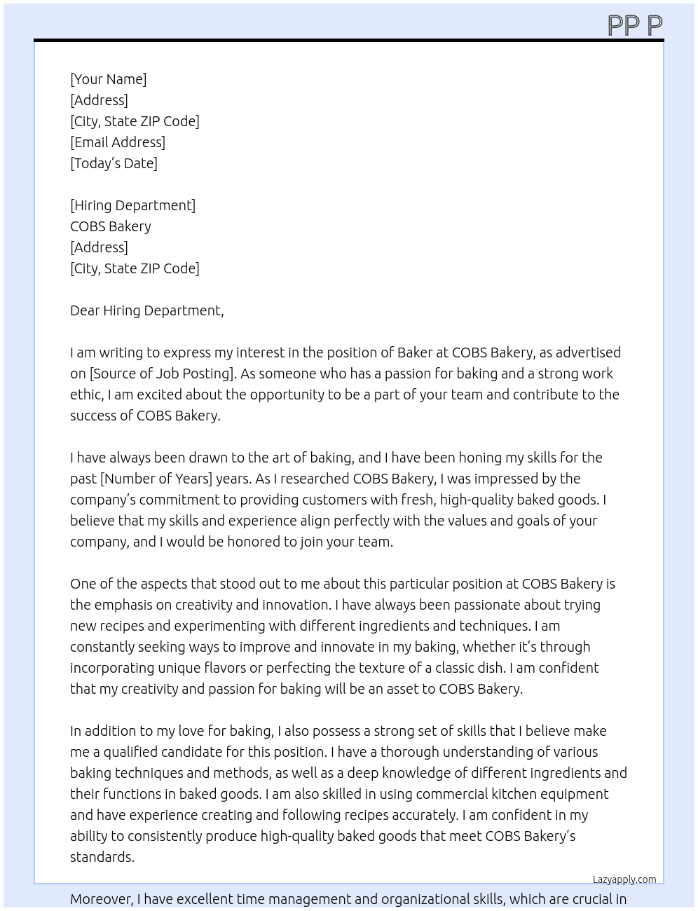 Baker At COBS Bakery Cover Letter