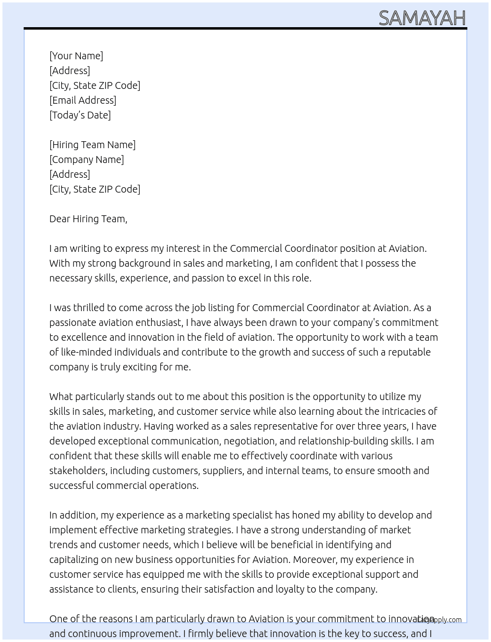 Commercial cordinator At Aviation Cover Letter