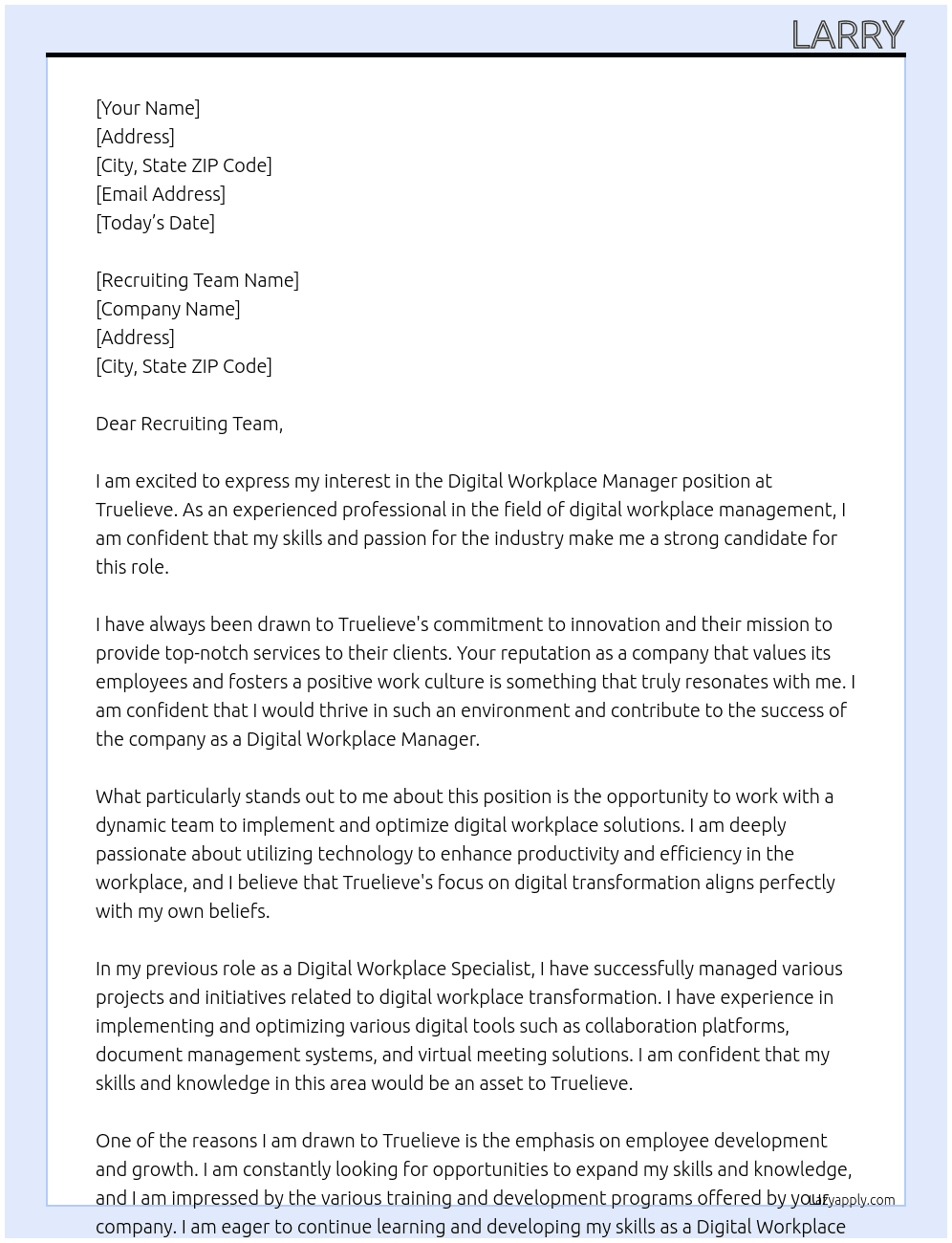 Digital Workplace Manager At Truelieve Cover Letter