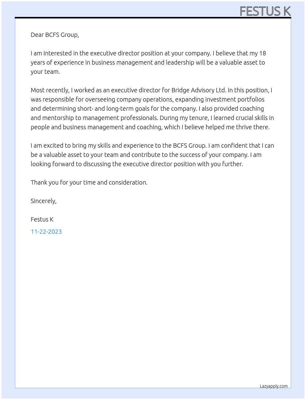 EXECUTIVE DIRECTOR At BCFS GROUP Cover Letter