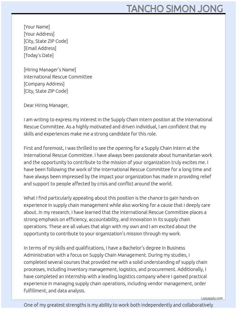 supply chain intern  At International Rescue Committee  Cover Letter
