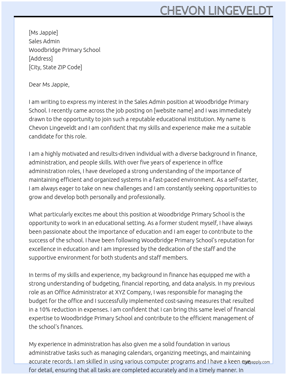Sales Admin At Woodbridge Primary School Cover Letter