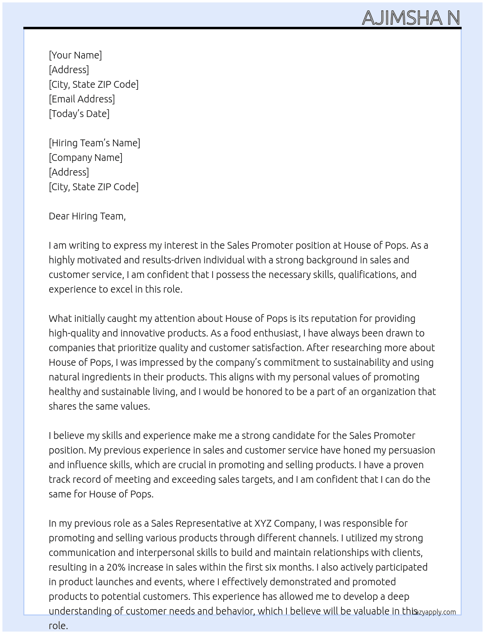Sales Promoter At House of pops Cover Letter