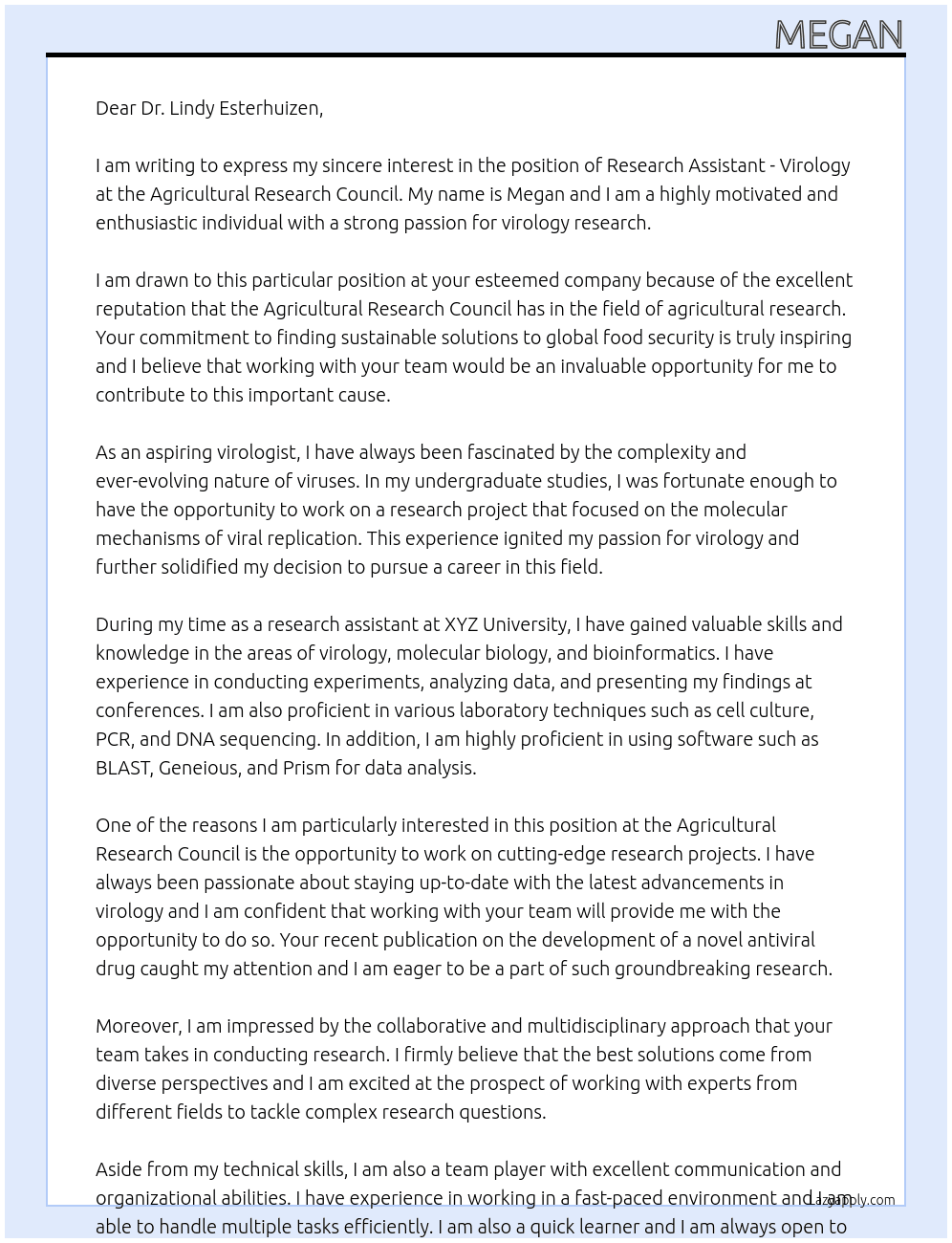 Research Assistant - Virology At Agricultural Research Council Cover Letter
