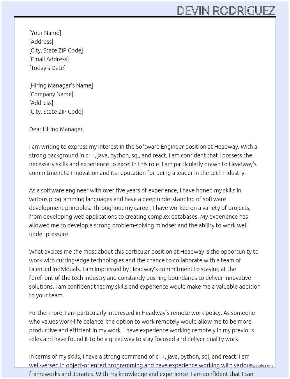 Software Engineer At Headway Cover Letter
